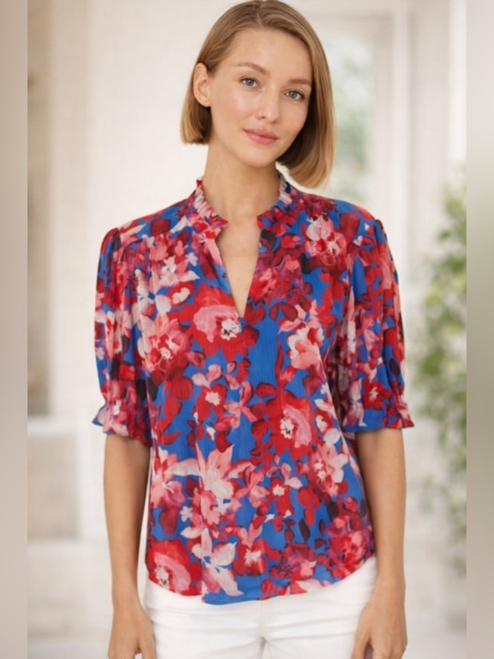 Go By Go Silk Go Raw Revisited Top Floral Ruffle Collar Sz M Short Sleeve